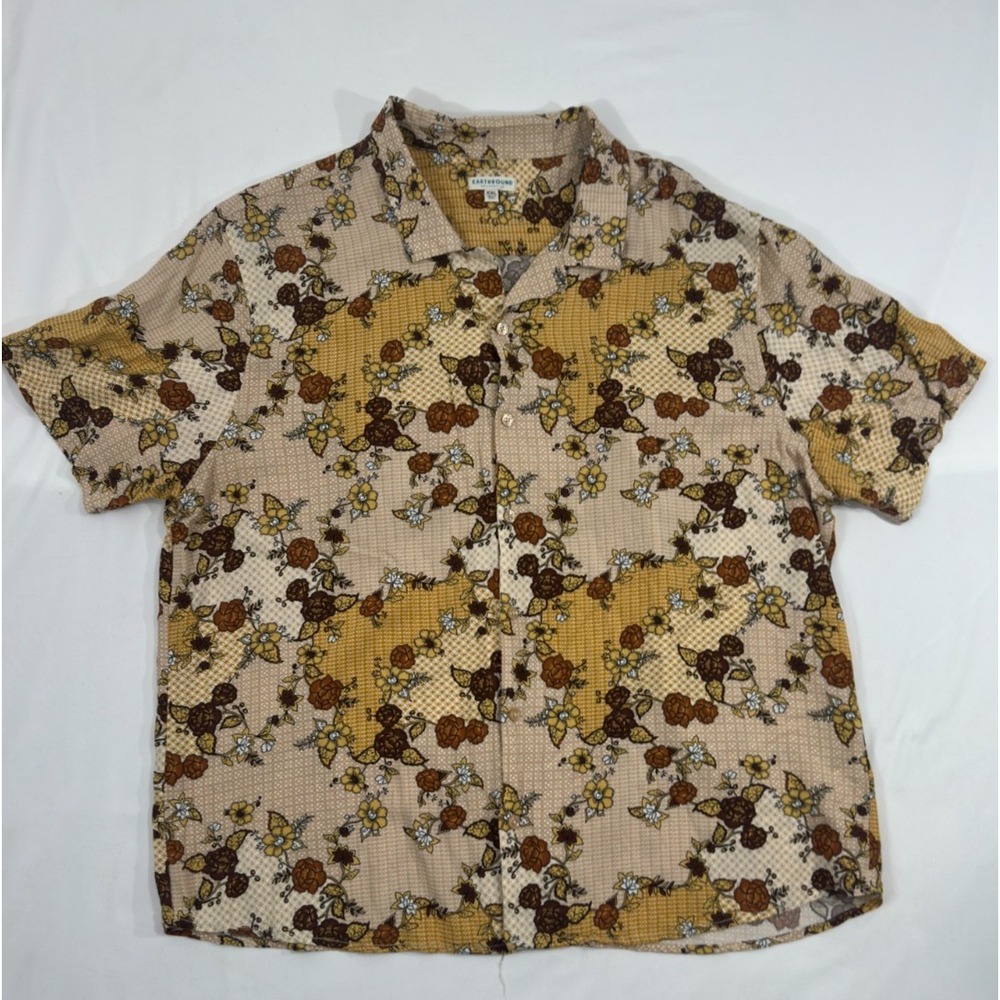 Earthbound Trading Co. Flower Button Up Shirt Size 2XL Unisex Gold/brown